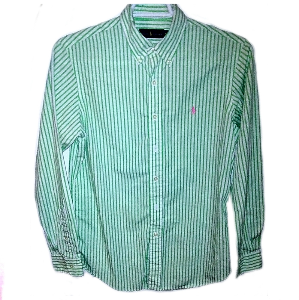 POLO BY RALPH LAUREN MENS MEDIUM LONG SLEEVE GREEN AND WHITE STRIPED SHIRT